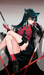  animal_ears arknights armchair bare_legs black_footwear black_hair black_jacket black_necktie black_shorts breasts chair closed_mouth collared_shirt commentary crossed_legs female gloves grey_background high_ponytail highres jacket large_breasts long_sleeves looking_at_viewer mouth_hold necktie official_alternate_costume open_clothes open_jacket orange_eyes red_gloves red_shirt shirt shoes_around_neck shorts sidelocks simple_background sitting solo srpzk striped_clothes striped_necktie striped_shorts sword texas_(arknights) texas_(willpower)_(arknights) thigh_strap vertical-striped_clothes vertical-striped_shorts weapon wolf_ears 