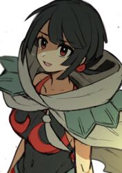  belt black_hair black_shirt breasts cloak commentary female grey_shorts looking_at_viewer navel pokemon pokemon_oras red_eyes red_rope remotarou rope shirt short_shorts shorts simple_background smile solo zinnia_(pokemon) 