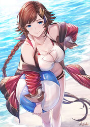  ball beach beachball bikini blue_eyes braid breasts brown_hair cleavage female granblue_fantasy hand_on_own_hip ivris jacket leona_(granblue_fantasy) long_hair navel ocean photoshop_(medium) red_jacket signature smile solo swimsuit 