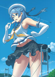  aircraft airplane armpits bare_arms black_skirt blue_eyes blue_hair breasts day double_bun eating elbow_gloves female food giant giantess gloves hair_bun hat highres kantai_collection kuro_oolong long_hair medium_breasts midriff midriff_peek navel panties pantyshot pleated_skirt popsicle sailor_collar size_difference skirt solo striped_clothes striped_skirt suspension_bridge underwear urakaze_(kancolle) white_hat 