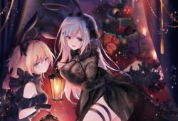  2girls absurdres animal_ears bare_shoulders black_dress black_panties blonde_hair blue_eyes blue_hair blurry blurry_background blush bow breasts cleavage dress emori_el emori_miku fake_animal_ears fake_tail glint gloves hair_ornament hairbow hairclip headdress heart highres holding holding_lantern lantern large_breasts light_particles liver_city long_hair looking_at_viewer multiple_girls open_mouth panties parted_lips purple_eyes rabbit_ears rabbit_tail see-through side-tie_panties small_breasts smile tail thigh_strap two_side_up underwear very_long_hair yukimiya_yuge 