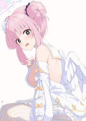  absurdres angel_wings back_cutout black_scrunchie blue_archive blush breasts bright_pupils capelet clothing_cutout cosplay detached_sleeves dress feathered_wings female feza_chen_(ushaku) frilled_ribbon frills hair_bun hair_ornament halo highres large_breasts looking_at_viewer low_wings mika_(blue_archive) open_mouth pink_hair pink_halo revision ribbon scrunchie seia_(blue_archive) seia_(blue_archive)_(cosplay) sideboob simple_background solo striped_clothes striped_thighhighs thighhighs white_capelet white_dress white_pupils white_wings wings wrist_scrunchie 