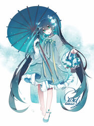  :d absurdres alternate_hair_color aqua_dress aqua_eyes aqua_footwear aqua_ribbon aqua_theme basket beads borrowed_design bracelet chinese_clothes dress earrings female flat_chest flower full_body glowing godlailer hair_between_eyes hair_flower hair_ornament hair_ribbon hanfu hatsune_miku head_tilt highres holding holding_umbrella jewelry leaf long_hair long_sleeves looking_at_viewer motion_blur necklace oil-paper_umbrella open_mouth photoshop_(medium) qixiong_ruqun ribbon sash see-through shoes smile solo standing tassel twintails umbrella very_long_hair vocaloid white_background 