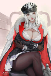  absurdres artist_name azur_lane bra breast_hold breasts brown_eyes brown_gloves cleavage closed_mouth coat crossed_arms crossed_bangs crossed_legs derivative_work female fur_trim genera-x gloves graf_zeppelin_(azur_lane) hair_between_eyes hat highres jacket lace lace-trimmed_bra lace_trim large_breasts lips lipstick long_hair looking_to_the_side makeup military_hat pantyhose photoshop_(medium) pleated_skirt sitting skirt solo thighs underwear white_bra white_hair wing_collar 