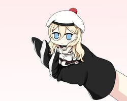  beret blonde_hair blue_eyes blush chibi chibi_inset commentary_request dress female gloves hair_between_eyes hat kantai_collection long_hair looking_at_viewer mini_person minigirl mole mole_under_eye mole_under_mouth multicolored_clothes multicolored_gloves multicolored_scarf pom_pom_(clothes) richelieu_(kancolle) scarf simple_background strapless strapless_dress two-tone_gloves two-tone_legwear yakuto007 