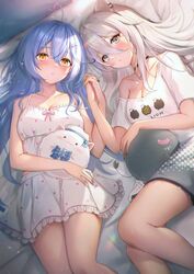  2girls ahoge animal_ears bare_legs bare_shoulders black_choker black_nails blue_hair blush breasts camisole character_hair_ornament choker cleavage collarbone crossed_bangs ear_piercing elf frilled_camisole frills grey_eyes grey_hair hair_between_eyes hair_ornament heart heart_ahoge highres holding_hands hololive interlocked_fingers large_breasts lion_ears lion_girl long_hair looking_at_viewer loose_clothes loose_shirt multiple_girls official_alternate_costume official_alternate_hair_length official_alternate_hairstyle on_bed oversized_clothes oversized_shirt piercing pointy_ears polka_dot polka_dot_camisole polka_dot_skirt shirt shishiro_botan shishiro_botan_(casual) single_bare_shoulder skirt sleepwear ssrb_(shishiro_botan) t-shirt tokisaka_makoto virtual_youtuber white_camisole white_shirt yellow_eyes yukihana_lamy yukihana_lamy_(loungewear) yukimin_(yukihana_lamy) 