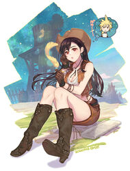  artist_name barrel black_hair boots breasts brown_eyes brown_footwear brown_gloves brown_skirt chibi cleavage cloud_strife cowboy_boots cowboy_hat cowgirl_(western) crop_top dangle_earrings dated earrings female final_fantasy final_fantasy_vii gloves hat highres jewelry large_breasts long_hair miniskirt newspaper ohse open_mouth red_eyes sitting skirt sleeveless solo swept_bangs teenage thought_bubble tifa_lockhart tifa_lockhart_(cowgirl) vest water_tower 