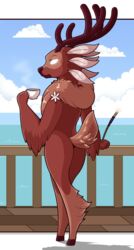  absurd_res anthro antlers ass beverage brown_body brown_fur cigarette_holder cloud coffee coffee_cup container cup deer female fur gwen_(spiritfarer) hi_res horn mammal nude sea solo spiritfarer standing thunder_lotus_games vavacung water 