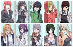  6+girls absurdres belt black_tank_top blue_background bra breasts chainsaw_man cigarette cleavage demon_horns double_v eating english_commentary eyepatch fami_(chainsaw_man) food food_in_mouth gao green_sweater grey_hair grin hair_between_eyes hair_ornament hairclip higashiyama_kobeni highres himeno_(chainsaw_man) hood hoodie horns large_breasts makima_(chainsaw_man) medium_hair multiple_girls nayuta_(chainsaw_man) pizza ponytail portrait power_(chainsaw_man) purple_hair quanxi_(chainsaw_man) red_eyes red_hair reze_(chainsaw_man) sawatari_akane_(chainsaw_man) shiren_(ourboy83) simple_background smile sweater tank_top underwear upper_body v yellow_eyes yoru_(chainsaw_man) 