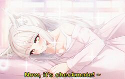  1990s_(style) 1boy :3 ai-assisted animal_ear_fluff animal_ears arknights bed bed_sheet blurry blush bokeh breasts cleavage collarbone couple depth_of_field english_text female film_grain highres holding lattekoi5252 long_hair looking_at_viewer lying on_side platinum_(arknights) ponytail pov retro_artstyle small_breasts smile sparkle straight sunlight window yellow_eyes 