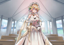  absurdres alternate_costume bell blonde_hair blue_eyes bouquet bridal_veil bride commentary_request dress elbow_gloves female flower gloves highres holding holding_bouquet indoors jewelry neck_bell pink_flower ring short_hair shropshire_(steelblue_mirage) sirills sleeveless sleeveless_dress smile solo steelblue_mirage veil warship_girls_r wedding_dress wedding_ring white_dress white_gloves yellow_flower 