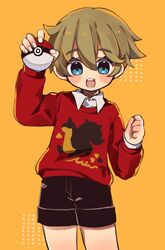  1boy blonde_hair blue_eyes commentary_request male_focus open_mouth poke_ball poke_ball_(basic) pokemon pokemon_swsh seitarou shoes shorts simple_background smile socks solo sweater white_background white_socks youngster_(pokemon) 