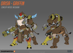  2023 artist_name bird_legs bird_wings character_name clenched_hand copyright_name english_commentary female grey_background griffin highres logo nesskain official_alternate_costume omnic orisa_(overwatch) overwatch overwatch_2 robot simple_background solo tail weapon wings 