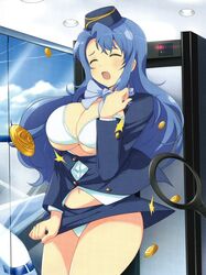  aircraft airplane airport blue_bow blue_hair blue_sky blush bow bowtie bra breasts bursting_breasts buttons ceiling ceiling_light cleavage closed_eyes cloud contrail day female flight_attendant flying_button frilled_bra frills garrison_cap hat highres indoors large_breasts long_hair metal_detector nachi_(senran_kagura) navel official_art open_mouth panties pantyshot pencil_skirt popped_button runway senran_kagura senran_kagura_new_wave shiny_skin shirt skirt sky solo third-party_source travel_attendant underboob underwear uniform wardrobe_malfunction white_bra white_panties window yaegashi_nan 