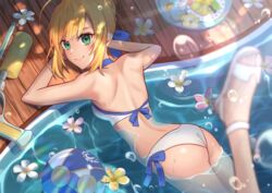  absurdres ahoge artoria_pendragon_(fate) artoria_pendragon_(swimsuit_archer)_(fate) artoria_pendragon_(swimsuit_archer)_(first_ascension)_(fate) ass back bare_shoulders bikini blonde_hair braid breasts closed_mouth commentary_request day fate/grand_order fate_(series) female from_above from_behind green_eyes highres looking_at_viewer medium_breasts official_alternate_costume partially_submerged pool saber_(fate) sandals smile solo soymilk26 swimsuit white_bikini 