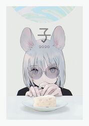  animal_ears cheese chinese_zodiac commentary female fingernails food grey_eyes grey_hair grey_nails hair_between_eyes looking_at_viewer medium_hair mgg_(x_arte) mouse_ears mouse_girl original planet plate solo sunglasses symbol-only_commentary white_nails year_of_the_rat 