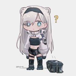  ? animal_ears arknights aurora_(arknights) aurora_(elite_ii)_(arknights) bear_ears belt black_belt black_gloves black_hairband black_shirt black_shorts blue_eyes chibi commentary crop_top eyes_visible_through_hair female full_body gloves grey_background grey_footwear grey_hair hair_over_one_eye hairband highres infection_monitor_(arknights) long_hair long_sleeves looking_at_viewer midriff nats_(d0ughnats) navel shirt shoes short_shorts shorts shrug_(clothing) simple_background solo standing stomach very_long_hair 