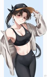  armpits bad_id bad_twitter_id baseball_cap black_hair black_pants black_sports_bra blue_background blush border breasts cleavage collarbone cowboy_shot earrings english_commentary fate/grand_order fate_(series) female hand_on_headwear hat high-waist_pants highres hoop_earrings ishtar_(fate) jewelry long_hair looking_at_viewer medium_breasts midriff navel off_shoulder open_clothes open_shirt outside_border pants parted_bangs ponytail puma_(brand) red_eyes ryudraw sleeves_past_wrists smile solo sports_bra sportswear two-tone_background underwear white_border yoga_pants 