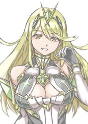  bare_shoulders blonde_hair breasts cleavage collarbone commentary_request covered_collarbone cross cross_earrings earrings elbow_gloves female gloves hand_up headpiece highres jewelry large_breasts leotard long_hair looking_at_viewer mota_saru mythra_(xenoblade) simple_background smile solo upper_body very_long_hair white_background white_gloves white_leotard xenoblade_chronicles_(series) xenoblade_chronicles_2 