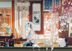  alternate_hairstyle amada_(12785891) apron aqua_eyes aqua_hair basin brush bucket cherry_blossoms chisel commentary female floral_print from_side glasses gloves hatsune_miku highres holding holding_brush indoors leaf long_hair looking_down maple_leaf photoshop_(medium) ponytail protractor ruler seiza sitting socks solo towel tree vocaloid white_gloves wide_shot working 