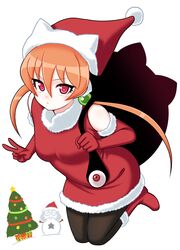  alisa_southerncross animal_ears bag breasts cat_ears christmas closed_mouth dress english_commentary eron female hair_bobbles hair_ornament hat highres keroro_gunsou long_hair looking_at_viewer orange_hair pantyhose red_eyes simple_background solo twintails v white_background 