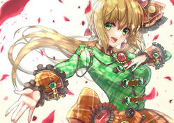  ahoge blonde_hair blush braid breasts brooch fate/extra fate/grand_order fate_(series) female french_braid green_eyes green_shirt hair_between_eyes hair_bun hair_intakes hair_ornament jewelry large_breasts long_hair long_sleeves looking_at_viewer nero_claudius_(fate) nero_claudius_(fate/extra) nero_claudius_(lostroom_outfit)_(fate) official_alternate_costume open_mouth orange_skirt outstretched_arm petals ral_(ralf) shirt side_ponytail single_hair_bun skirt smile solo 