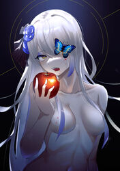  absurdres animal apple blood blood_from_mouth blood_on_breasts blood_on_face blood_on_hands blue_butterfly blue_eyeshadow breasts breasts_apart bug butterfly character_name commentary convenient_censoring eating eyelashes eyes_visible_through_hair eyeshadow fangs female flower food fruit glowing hair_flower hair_ornament highres holding holding_food holding_fruit long_hair looking_at_viewer makeup navel nude open_mouth original slit_pupils solo striped teeth tongue upper_teeth_only virtual_youtuber white_hair yellow_eyes zhait007 