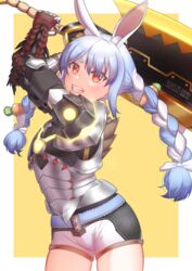  absurdres almudron_(armor) animal_ear_fluff animal_ears blue_hair braid female food-themed_hair_ornament hair_ornament highres hololive long_hair looking_at_viewer monster_hunter_(series) monster_hunter_rise multicolored_hair open_mouth orimu rabbit_ears rathalos_(armor) smile solo switch_axe twin_braids twintails two-tone_hair usada_pekora virtual_youtuber weapon white_hair 