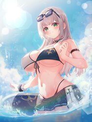  absurdres arm_strap bikini blue_bikini blue_skirt blue_sky blush breasts cleavage closed_mouth cloud cowboy_shot day eyewear_on_head female front-tie_top green_eyes grey_hair highres hololive huge_breasts long_hair looking_at_viewer miniskirt ocean official_alternate_hair_length official_alternate_hairstyle outdoors pleated_skirt shirogane_noel shirogane_noel_(summer_2020) skirt sky solo standing string_bikini sunglasses swimsuit tang-du v-shaped_eyebrows virtual_youtuber wading water white_bikini 