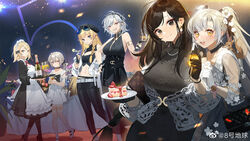  6+girls alcohol alternate_costume anniversary apron aug_para_(girls&#039;_frontline) bag bahao_diqiu bare_shoulders belt black_dress black_eyes blonde_hair blue_eyes blush bow braid breasts cake cake_slice champagne champagne_bottle champagne_flute champagne_tower chinese_commentary choker cleavage cleavage_cutout clothing_cutout commentary_request cup dress drinking_glass earrings eyewear_on_head facial_mark food g36_(girls&#039;_frontline) general_liu_(girls&#039;_frontline) girls&#039;_frontline gloves grey_hair grin hairbow handbag hat highres jewelry large_breasts lightning_bolt_symbol long_hair looking_at_viewer m200_(girls&#039;_frontline) maid_headdress midriff multiple_girls navel necklace open_mouth pants pearl_necklace purple_eyes single_braid sl8_(girls&#039;_frontline) small_breasts smile squirrel sunglasses tray twintails vhs_(girls&#039;_frontline) white_apron white_belt white_dress white_hair yellow_eyes 