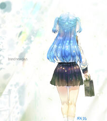  bag black_skirt blue_hair briefcase chtholly_nota_seniorious female floating_hair from_behind highres holding holding_bag long_hair long_sleeves miniskirt pleated_skirt school_briefcase shirt shuumatsu_nani_shitemasu_ka? skirt solo soramiruku standing thigh_gap twintails very_long_hair white_background white_shirt 