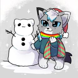  1:1 anthro belovedfoxx bundled_up canid canine canis christmas christmas_clothing christmas_headwear clothing dante_kinkade happy hat headgear headwear holidays lgbt_pride male mammal pride_colors santa_hat scarf six-stripe_rainbow_pride_colors snow snowing snowman solo sweater topwear wolf 