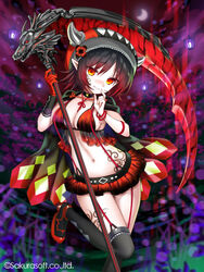  aaliyah_(teikoku_senki) aura bad_id bad_pixiv_id bangle bikini bikini_top_only black_choker black_hair black_thighhighs bracelet breasts cape choker cleavage closed_mouth dark_aura female frills garter_straps gloves gradient holding holding_scythe holding_weapon jewelry leg_tattoo leg_up looking_at_viewer medium_breasts microskirt navel official_art orange_eyes pointy_ears red_bikini red_footwear red_gloves red_skirt scythe shoes short_hair single_glove skirt smile solo standing standing_on_one_leg stomach stomach_tattoo string_bikini suspenders swimsuit tattoo teikoku_senki thighhighs thighs weapon yuuki_rika zettai_ryouiki 