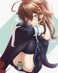  2girls ahoge alternate_hairstyle arthur_ko black_panties black_serafuku black_skirt black_thighhighs blue_eyes brown_hair cosplay detached_sleeves hair_between_eyes hair_flaps hair_ornament hairclip heart highres kantai_collection long_hair mini_person minigirl multiple_girls neckerchief panties parted_bangs pleated_skirt school_uniform serafuku shigure_(kancolle) sidelocks sitting skirt solo_focus thighhighs underwear yamakaze_(kancolle) yamakaze_(kancolle)_(cosplay) 