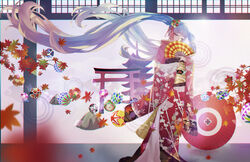  absurdres aikakuv architecture ball blue_eyes blue_hair commentary east_asian_architecture falling_leaves female floating_hair floral_print flower hair_flower hair_ornament half-closed_eyes hand_fan hatsune_miku head_tilt highres holding holding_fan japanese_clothes kimono kyoto leaf lipstick long_hair looking_down makeup maple_leaf obi oil-paper_umbrella pagoda photoshop_(medium) porch red_kimono rock sash solo star_(symbol) star_print temple torii twintails umbrella very_long_hair vocaloid wide_shot yasaka_pagoda 