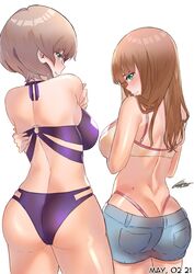  2girls ass bare_shoulders bikini bikini_under_clothes blue_eyes blush breasts brown_hair butt_crack commentary_request dated denim denim_shorts genm7 green_eyes gridman_universe highleg highleg_bikini highres large_breasts long_hair looking_back minami_yume mujina multiple_girls o-ring o-ring_bikini pink_bikini purple_bikini short_hair short_shorts shorts signature simple_background skindentation smile ssss.dynazenon swimsuit white_background 