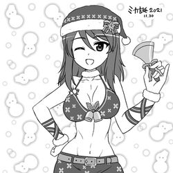  ;d alternate_headwear arm_ribbon artist_name bell belt bikini birthday bow breasts commentary_request dated female fur_collar fur_cuffs girls_und_panzer girls_und_panzer_senshadou_daisakusen! greyscale groin halterneck hand_on_own_hip hat hat_bow holding holding_bell holly looking_at_viewer lowres medium_breasts medium_hair midriff mika_(girls_und_panzer) monochrome nanashiro_gorou navel official_alternate_costume one_eye_closed open_mouth partial_commentary pinky_out print_bikini print_skirt ribbon santa_bikini santa_hat signature skirt smile snowman_print solo standing swimsuit 