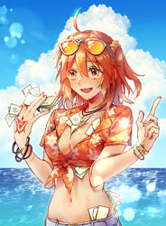  :d \||/ ahoge between_fingers blue_sky blush bracelet breasts cleavage cloud collarbone command_spell commentary_request cumulonimbus_cloud dress_shirt eyewear_on_head fate/grand_order fate_(series) female floral_print fujimaru_ritsuka_(female) fujimaru_ritsuka_(female)_(tropical_summer) groin hands_up highres holding holding_money index_finger_raised jewelry leaf_print lens_flare lily_print long_hair medium_breasts midriff money navel no_bra ocean official_alternate_costume open_clothes open_mouth open_shirt orange-tinted_eyewear orange_hair orange_shirt pendant print_shirt shirt short_sleeves sky smile solo standing stomach sunglasses tied_shirt tinted_eyewear watch white-framed_eyewear wokoko wristwatch yellow-tinted_eyewear 