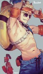  2boys absurdres adjusting_clothes adjusting_headwear arm_tattoo arm_up beachrat black_nails blonde_hair blue_swim_trunks brown_eyes commentary dark-skinned_male dark_skin drawstring english_commentary eyes_visible_through_eyewear fingernails grey_background grin groin hat highres inflatable_armbands junkrat_(overwatch) lifeguard looking_ahead lucio_(overwatch) male_focus male_swimwear multiple_boys nail_polish navel nipples official_alternate_costume open_mouth overwatch p_(pm_611a) pectorals red_swim_trunks rescue_board smile sunglasses swim_ring swim_trunks tattoo teeth thick_eyebrows toned toned_male topless_male visor_cap yellow-framed_eyewear 