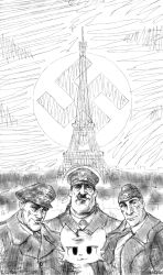  absurd_res adolf_hitler albert_speer anthro arno_breker boy_kisser_(meme) c_butterfield cigar city clothing domestic_cat eiffel_tower felid feline felis group hi_res historical human humanoid line_art male mammal meme nazi nazi_uniform paris photo sky swastika uniform 