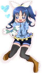  alternate_hairstyle black_legwear blue_eyes blue_hair boots coffret_(heartcatch_precure!) commentary_request creature female full_body hands_on_own_cheeks hands_on_own_face haru_(nature_life) heartcatch_precure! high_ponytail jacket kurumi_erika long_hair ponytail precure shorts smile thighhighs 