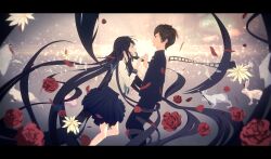  1boy bad_id bad_pixiv_id black_hair chitanda_eru female film_strip flower gakuran highres hyouka kamiyama_high_school_uniform_(hyouka) letterboxed long_hair mechanical_pencil oreki_houtarou pencil petals pleated_skirt rabbit rose school_uniform serafuku shimashima skirt very_long_hair 