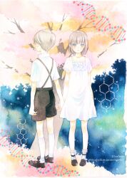  1boy blonde_hair blue_eyes commentary_request dna double_helix dress faux_traditional_media female grey_hair holding_hands interlocked_fingers original short_hair tree yufushi 