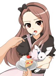  bad_id bad_pixiv_id bow brown_eyes brown_hair cake crossed_arms feeding female food hairband highres idolmaster idolmaster_(classic) long_hair minase_iori mobu_(nonoichi) open_mouth out_of_frame pov pov_hands solo_focus stuffed_animal stuffed_rabbit stuffed_toy sweatdrop transparent_background usa-chan_(idolmaster) 