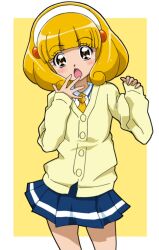  bad_id bad_pixiv_id blonde_hair blush cardigan eyelashes female fukushima_masaru hairband highres nanairogaoka_middle_school_uniform open_mouth precure school_uniform short_hair skirt smile_precure solo white_hairband yayoi_kise yellow_eyes 