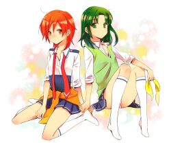  2girls clothes_around_waist commentary_request green_eyes green_hair green_sweater_vest hair_down hino_akane_(smile_precure!) kneehighs midorikawa_nao multiple_girls nanairogaoka_middle_school_uniform necktie orange_eyes orange_hair precure school_uniform short_hair sitting skirt sleeves_rolled_up smile_precure socks sweater sweater_around_waist sweater_vest wariza yuzucky 