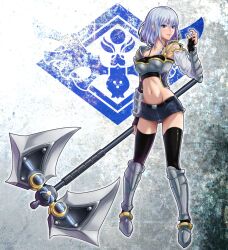  armor axe battle_axe black_thighhighs blue_eyes blue_hair blue_shorts boots breasts commentary_request ebiblue female fingerless_gloves gloves grin highres lips medium_breasts midriff photoshop_(medium) pixiv_fantasia pixiv_fantasia_sword_regalia short_shorts shorts smile solo thighhighs weapon 