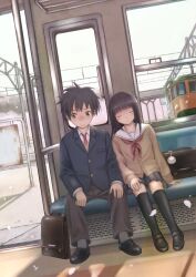  1boy bag black_hair black_legwear blazer blush cardigan closed_eyes commentary_request dutch_angle female highres jacket leaning_on_person long_hair original petals photoshop_(medium) school_bag school_uniform short_hair sitting skirt smile taka_(tsmix) thighhighs train train_interior 