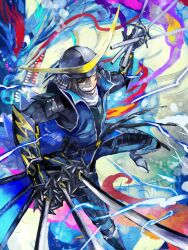  1boy armor bad_id bad_pixiv_id between_fingers black_hair boots commentary_request date_masamune_(sengoku_basara) dragon eastern_dragon eyepatch gloves grin helmet holding jinbaori katana male_focus mikami samurai sengoku_basara smile solo sword weapon yellow_eyes 