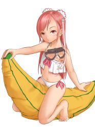  barefoot feet female goggles goggles_around_neck long_hair on_banana original photoshop_(medium) pink_eyes pink_hair snorkel solo ss39 straddling 